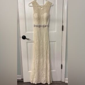 Jodi Kristopher Cream Lace Gown with Silver Accents
